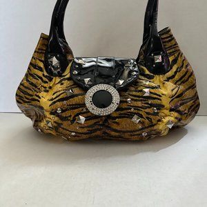 Charm and Luck Tiger Print Handbag with Pink Satin interior